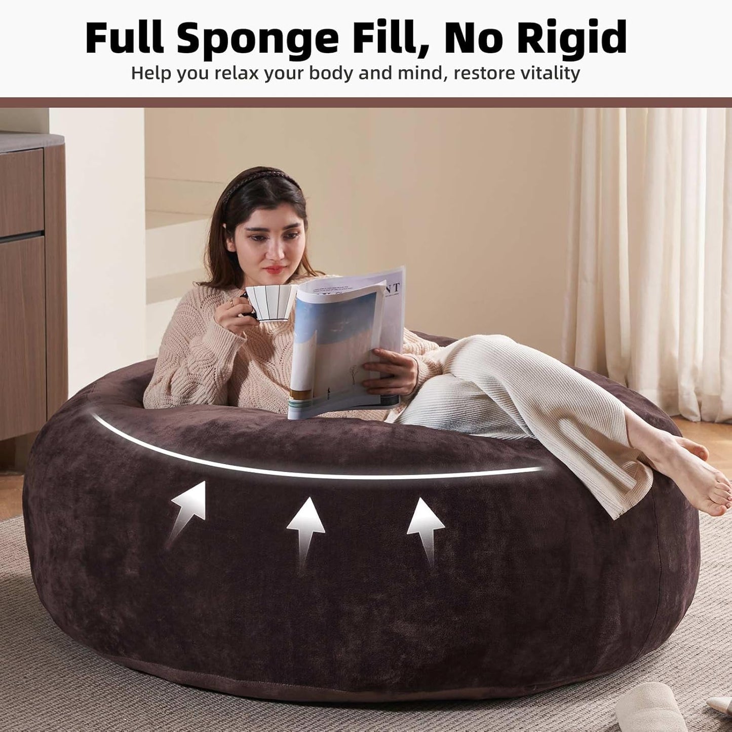 5FT，Big Bean Bag Chairs for Adults，Large beanbag with Filler Included，Memory Foam Material，Easy to Clean and Washable Corduroy Fabric，Suitable for Living Room and Bedroom (Brown, 5 Foot)