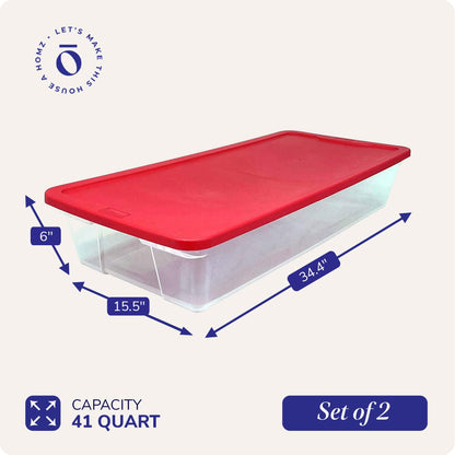 HOMZ 2-Pack Holiday Tote, Clear Plastic Storage Organizer Bins with Lids, 41 Quart, Red - Stackable