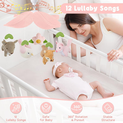 Woodland Crib Mobile for Girls – Cute Animals Baby Mobile for Crib with Upgraded 3-Mode Music Box, Pink Nursery Mobiles, Fits Standard Cribs, Forest Nursery Decor
