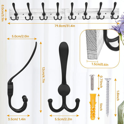 IBosins Wall Mounted Coat Rack, 31.4'' Long, Rustic Wood & Aluminum Coat Rack with 8 Black Tri-Hooks for Coat, Bag, Towel, Key, Hat, Umbrella