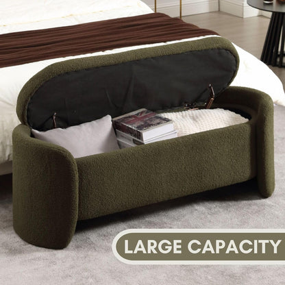 ROCTY Green Boucle Storage Bench - 50" Sherpa End of Bed Ottoman with Seating and Storage for Bedroom, Entryway, Living Room, Vanity or Makeup Room - Teddy Fabric