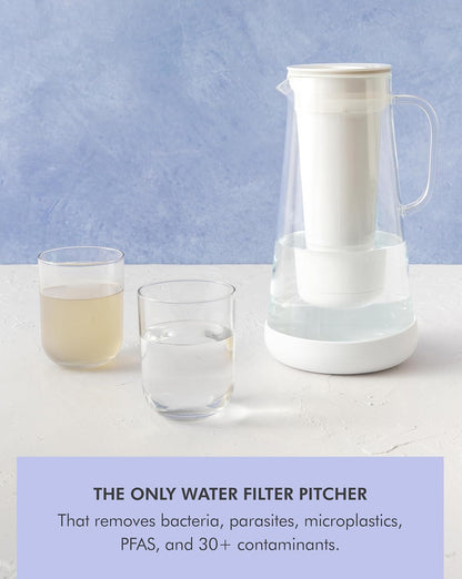 LifeStraw Home Water Pitcher, 7-Cup, White, Glass with Silicone Base, White, for Everyday Protection Against Bacteria, Parasites, Microplastics, Lead, Mercury, PFAS and a Variety of Chemicals