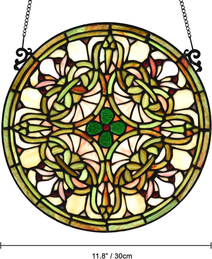 Tree of Life Tiffany Style Stained Glass Window Panel (KP122N), Yellow Sun Flower Design, Round Hanging Decorative Panel, 12" Diameter