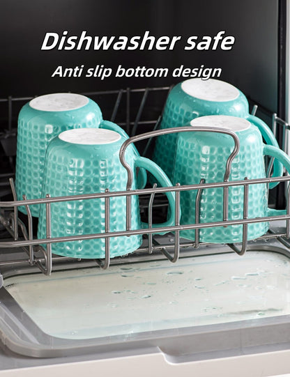 Ceramic Coffee Mugs 15 oz, Large Waffle Embossed Mug Set with Handle, Unique Coffee Cups for Latte, Cappuccino, Cocoa, Hot Tea, Mocha, Milk, Housewarming Wedding Present - Set of 4 (Turquoise)