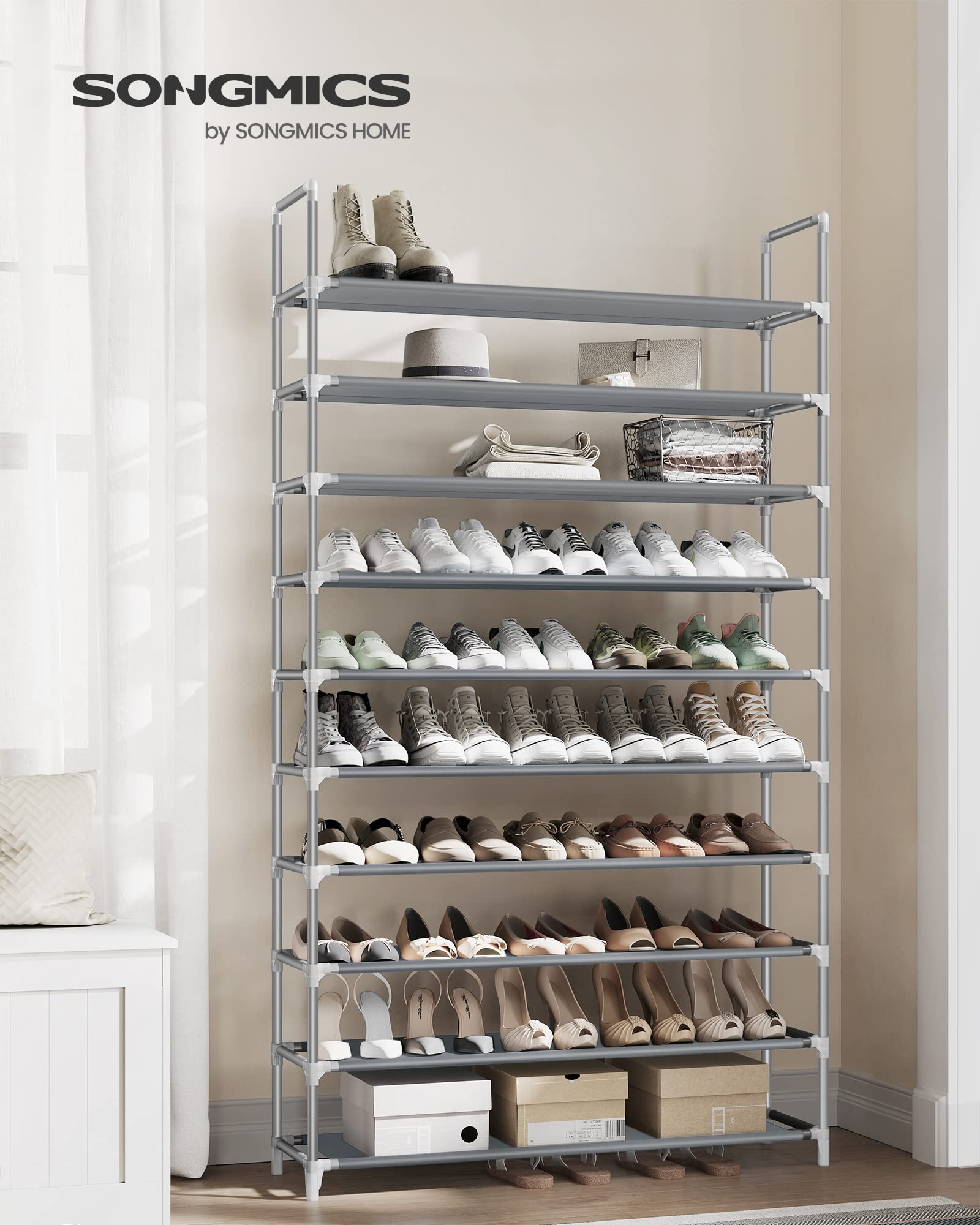 SONGMICS Shoe Rack, 10-Tier Shoe Shelf, Shoe Storage Organizer, 11 x 37 x 68.9 Inches, Metal Frame