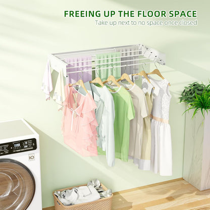 Wall Mounted Drying Rack for Laundry 40'', Folding Drying Rack Clothing Wall Mount with 5 Rods and 6 Hooks, Space Saving for Indoor Outdoor Bathroom Balcony (White, 40'')