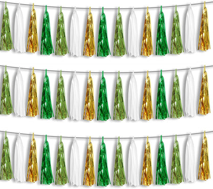 3P Sage-Green Beige-Mint Gold Foil Fringe Metallic Tassel Garland Banner, Tassels Banner Streamers for Parade Floats, Bachelorette, Wedding, Birthday, Christmas, Bridal/Baby Shower Party Decorations