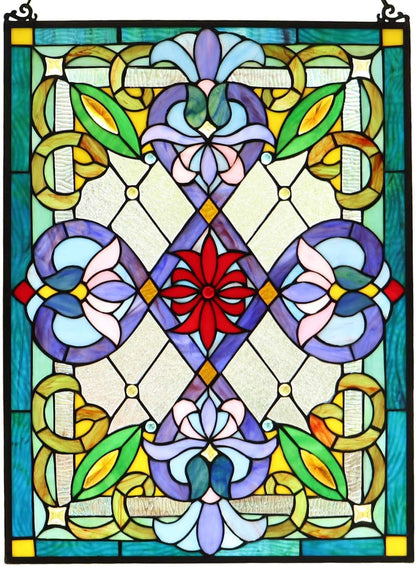 Bieye W10028 Victorian Tiffany Style Stained Glass Window Panel with Chain, Rectangular Shape, 18" W x 25" H
