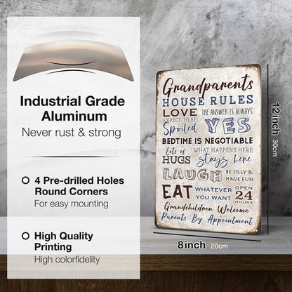 Heuhuww Grandparents Gifts-Vintage Grandparents House Rules Metal Sign for Grandma Grandpa from Grandkids Rustic Farm Home Kitchen Decor 12" x 8"(H19)
