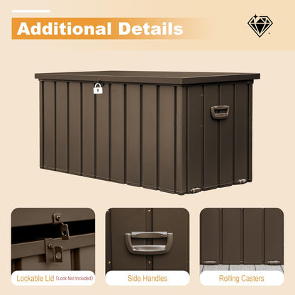 Domi 120 Gallon Deck Box, Outdoor Metal Lockable Storage Cabinet, Waterproof Steel Outdoor Bench with Lockable Lid, Side Handles & Rolling Casters for Outside Cushions, Pillows, Garden Tools, Brown