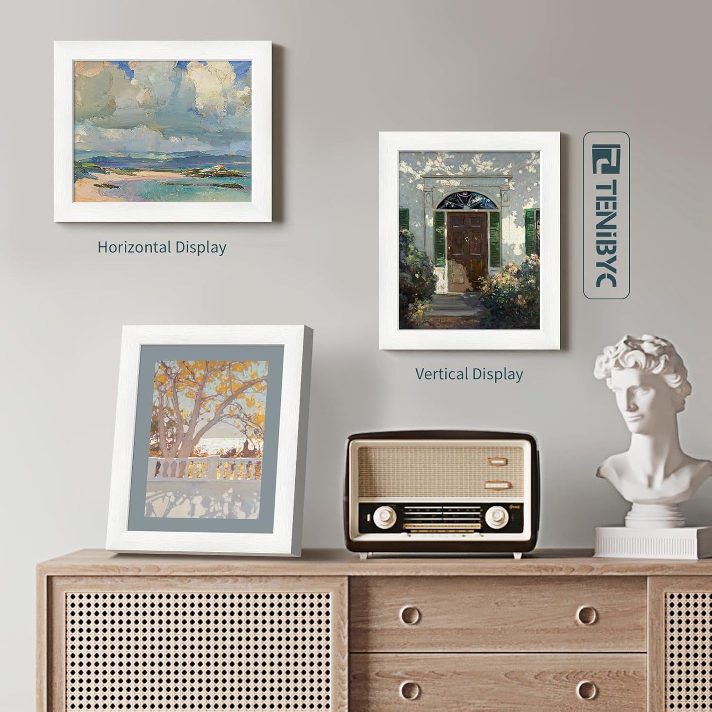 8x10 Picture Frame Set - 3 Pack, Textured White Solid Wood, HD Tempered Glass, Gallery Photo Frame, Table or Wall Display