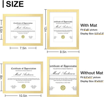 Vittanly 8.5x11 Picture Frames Set of 9, Shatter Resistant Plexiglass, Display 6x8 Pictures with Mat or 8.5x11 without Mat, Photo Frames for Wall or Tabletop, Engineered Wood, Gold