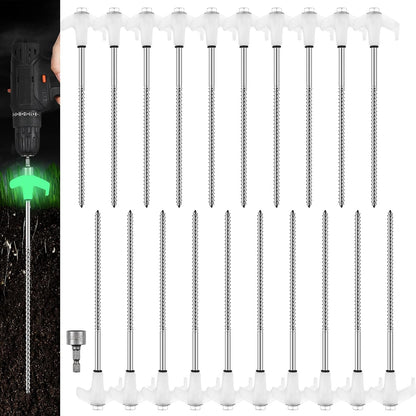 Hicarer 20 Pcs 20 Pcs 8'' Screw in Tent Stakes Heavy Duty Ground Metal Stakes for Inflatables with Hex Head Driver for Outdoor Camping Tent Inflatable Garden Decor (Luminous White)