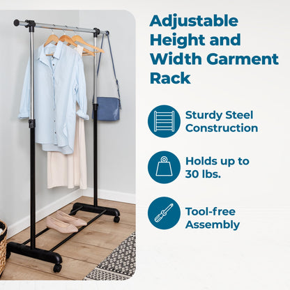 Honey-Can-Do Rolling Garment Rack with Adjustable Height and Width, Metal Clothes Rack, Heavy-Duty