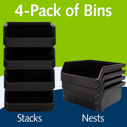 ReadySpace Medium-Wide Stackable Plastic Storage Bins, 4-Pack, Black