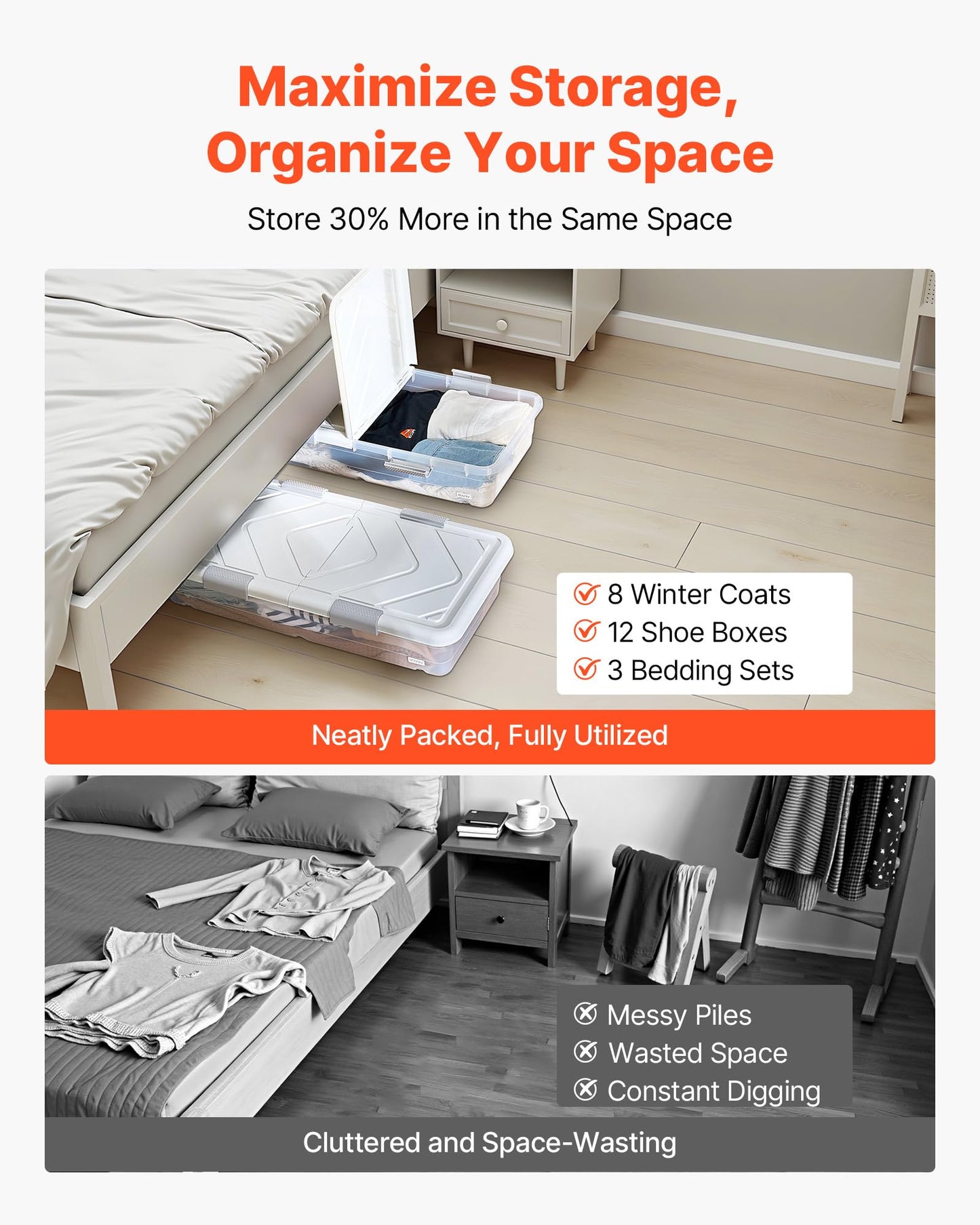 VEVOR Under Bed Storage with Wheels, 31.7 x 15.6 x 6.9 inch Underbed Containers, Underbed Shoes