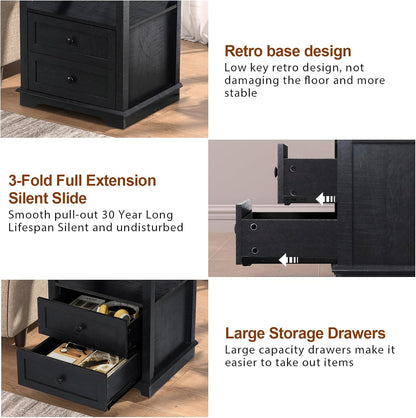 HIFYOBRO End Table with 2 Drawers and Charging Station, Type-C & USB Port & Power outlets, Wooden Storage Nightstand, Large Side Table with Storage for Living Room and Bedroom