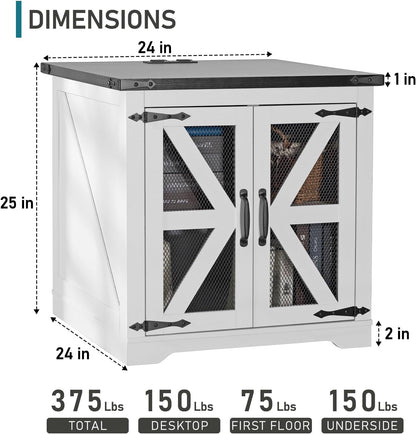 Farmhouse End Table, 24" Large Sofa Side Table with Charging Station, Mesh Barn Door, White Nightstand with Adjustable Storage Shelf, Square Nightstand for Living Room, Bedroom, Office