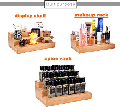 Step Spice Rack Set Cabinet Shelf Spice Holder, 3-Tier Bamboo Spice Organizers for Cabinet/Pantry/Cupboard/Countertop, Step Display Rack for Toy Suitable for Home/Office, 2 Pack Step Rack