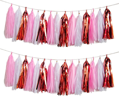 Shiny Tassel Garland Tissue Paper Tassel Banner,Tassels Party Decorations for Gender Reveal,Wedding,Birthday,Bridal/Baby Shower,Pack of 15 (Rose Gold/Pink/White)