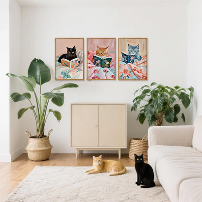 HPNIUB Framed Vintage Black Cats Canvas Wall Art, Funny Animal Reading Books Poster Printing Pictures, Pink Cute Cat Lovers Wall Decor for Girls Room Bedroom Kids Room Living Room Classroom- 16 x24 x3
