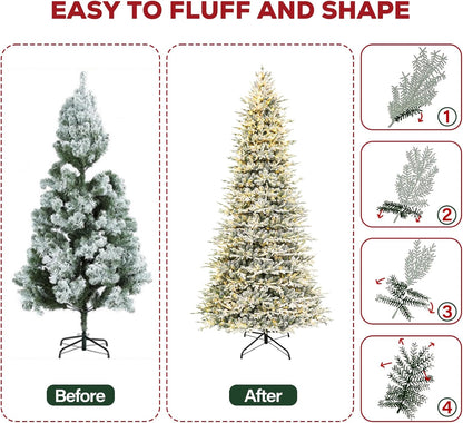 Hykolity 12 ft Prelit Snow Flocked Artificial Christmas Tree, 8109 PE&PVC Branch Tips, 850 Warm White LED Lights, Easy Assembly with Metal Stand and Hinged Branches