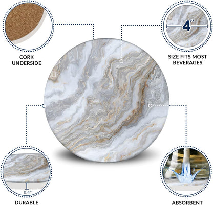 Emerson Coasters for Drinks Absorbent – Natural Stone Drink Coasters Set with Holder, Coasters for Coffee Table, Wooden Tabletop Protection Marble Style – 100% Heavy Duty Set of 6 (Sky)