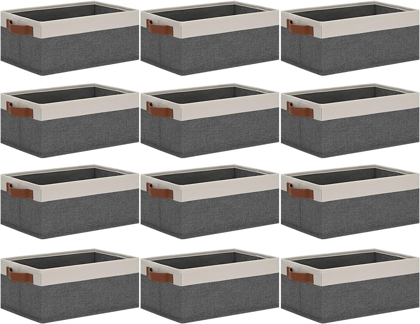 GhvyenntteS Small Fabric Storage Bins 12 Pack, Storage Basket with Leather Handles, Closet Storage Bins for Shelves, Storage Baskets for Shelves, Home, Office (Grey/White, 11.8" x 7.87" x 5.11")