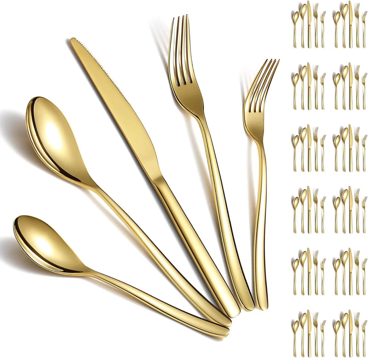 Berglander Gold Silverware Set 60pcs Service for 12, Golden Titanium Plating Stainless Steel Flatware Set, Gold Spoons Forks Knives Set for Home, Wedding, Restaurant, Hotel, Dishwasher Safe
