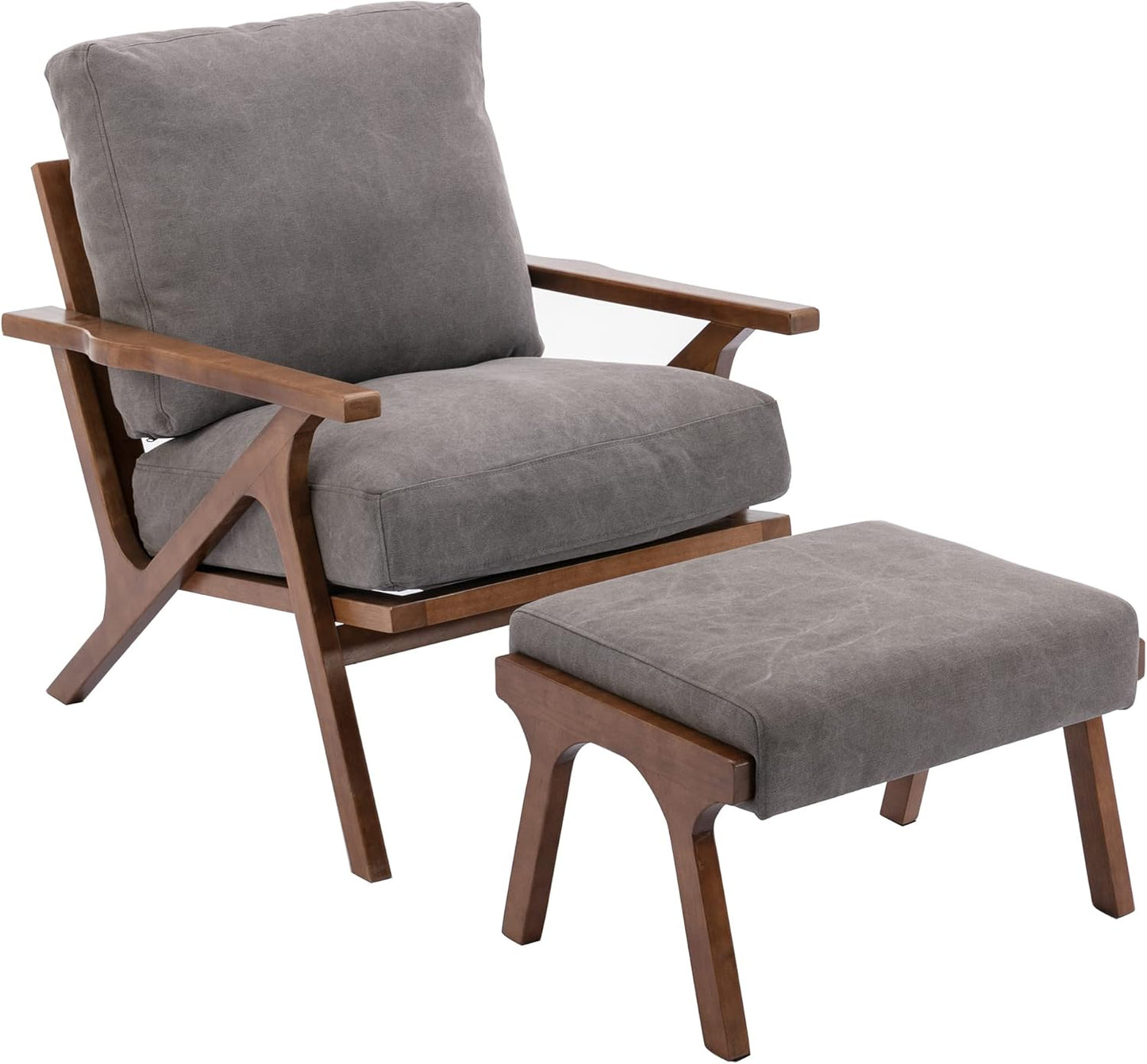 Mid Century Modern Accent Chair with ottoman, Farmhouse Linen Upholstered Living Room Armchair and Ottoman Set, 23" Seat Wide Retro Leisure Lounge Chair with Wood Frame for Home, Bedroom, Office, Grey