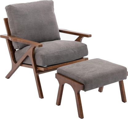 Mid Century Modern Accent Chair with ottoman, Farmhouse Linen Upholstered Living Room Armchair and Ottoman Set, 23" Seat Wide Retro Leisure Lounge Chair with Wood Frame for Home, Bedroom, Office, Grey