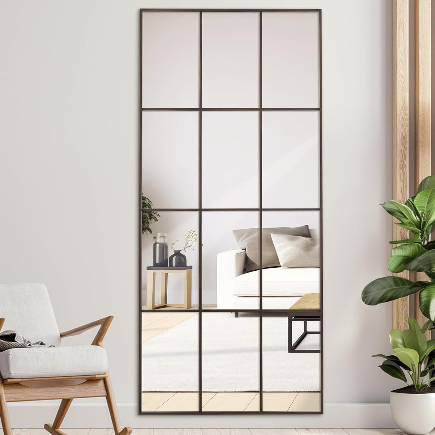 Windowpane Mirror Full Length 71"x30" Wall Mounted Mirror Faded Bronze Frame Vintage Distressed Art Pane Leaning Hanging Wall for Home Decor in Living Room Bedroom Hallway Entrance