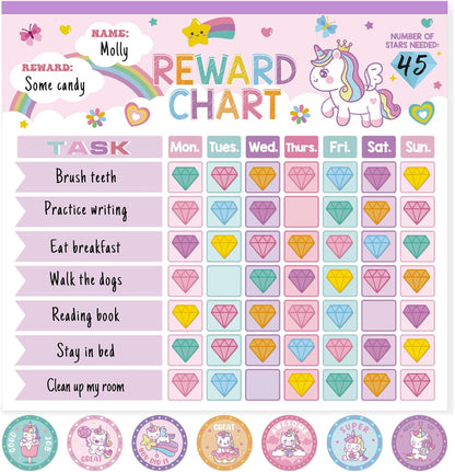 Reward Chart for Kids,Magnetic Behavior Chore Chart for Kids at Home,26 Little Hose Chore Charts,1960 Diamond Stickers,56 Reward Stickers,Incentive Chart to Develop Responsibility and Good Habits,Pink