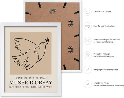 Poster Master Vintage Poster - Retro Minimalist Print - Gift for Artist, Friend - Dove Of Peace, Line Drawing, Sketch, Abstract - Wall Decor for Living Room, Bedroom, 8x10 White Framed