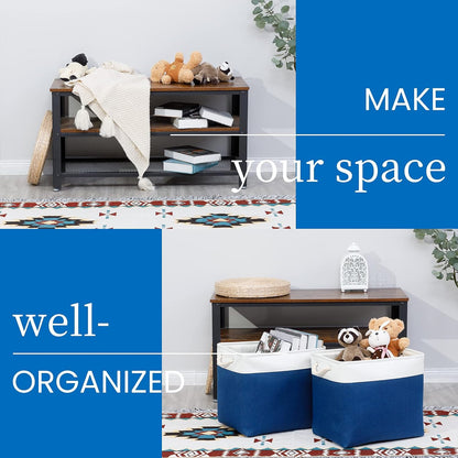 Bidtakay Large Canvas Organization Bins Set of 2 Navy Blue Rectangular Baskets 17x12x15 in for Blankets, Clothes, Towels, Dog Toys Storage