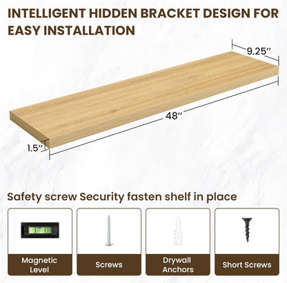 48 Inch Floating Shelves, 12 Inch Deep Floating Shelves for Wall, Large Floating Shelf with Invisible Brackets, Deep Shelves for Bathroom, Bedroom, Living Room, 1 Pack, Natural