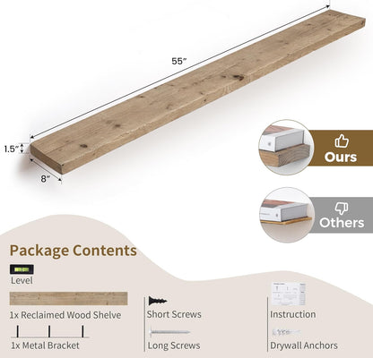 Solid Wood Floating Shelves, 8" Deep Rustic Reclaimed Barnwood Wall Hanging Floating Shelf with Invisible Heavy-Duty Metal Bracket | Wall Mounted | Farmhouse Style | 55 inches,1PC,Natural
