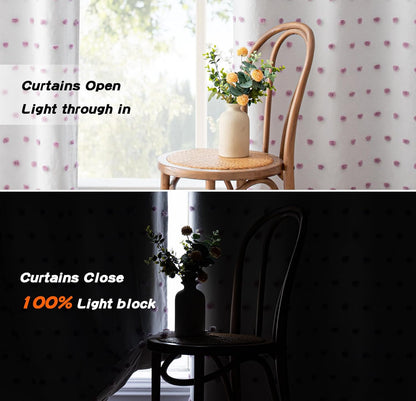 MYSKY HOME 100% Blackout Curtains for Nursery Thermal Insulated Purple Pom Pom Curtains 72 Inch Long for Girls Bedroom 2 Panels White Sheer Curtains for Kitchen Dining Room Door Grommet, 52 x 72 in