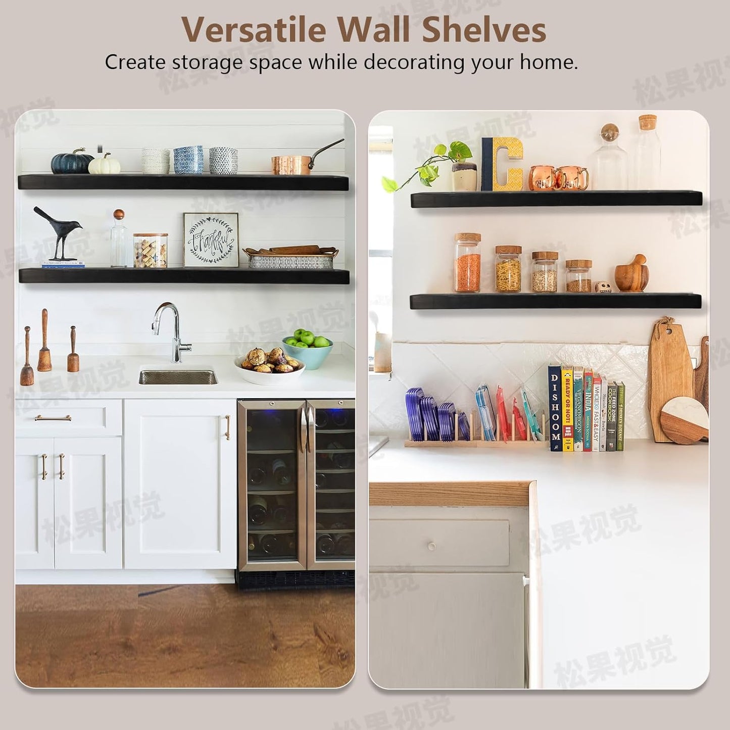 Solid Wood Floating Shelves Set of 2 - Natural, Warp & Crack Resistant 17.72 Inch Wall Shelf with Invisible Brackets Thicker, More Durable for Bathroom, Bedroom, Kitchen, Living Room (Black, 17.72)