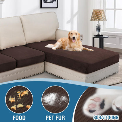 H.VERSAILTEX Velvet Stretch Sectional Couch Covers - 3 Piece L Shape Separate Cushion Set for Large 2 Seater + 1 Chaise, Brown Striped