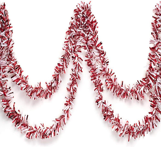 Anderson's Red & White Sparkle Glitter Metallic Tinsel Twist for Trailer Or Golf Cart, 4 inches Wide x 25 ft Long, Christmas, Birthday, Patriotic and Holiday Garland Decor for Parties and Parades
