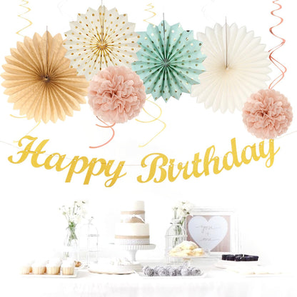 Sage-Green Blush-Pink Beige Birthday Party-Decorations - 21pcs Happy Banner,Cream Light Dusty Pink Paper Lanterns Pom Poms,Rustic Boho Neutral Streamers Garland,Women Girls Decor Supplies Huglony