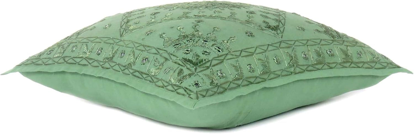 Eyes of India Embroidered Decorative Boho Throw Pillow Cover with Mirrors, Handmade Bohemian Accent Cushion Case for Sofa Couch Bedroom Living Room (Green, 16" x 16")