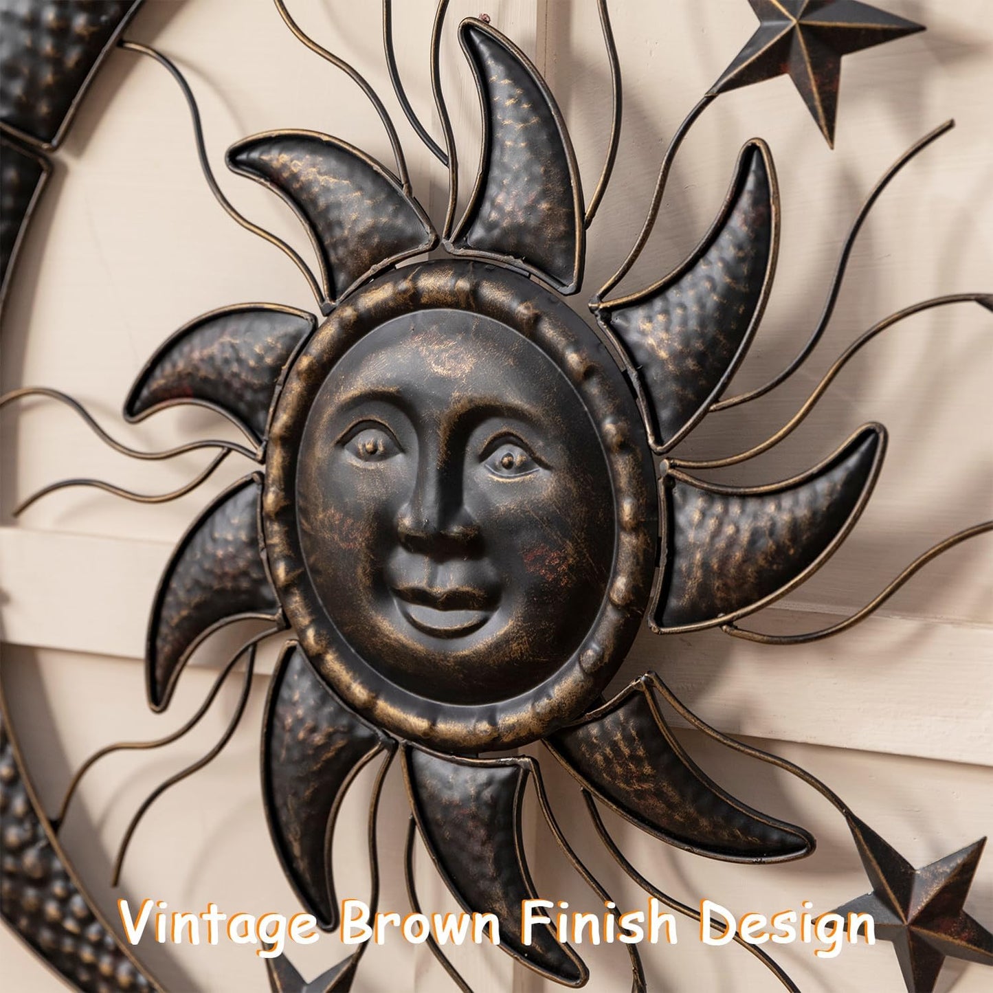 TICKCACY 27” Metal Sun Wall Decor, Vintage Sun Moon Stars Wall Hanging Decoration, Moon and Stars Wall Art Sculpture for Indoor Outdoor Living Room Bedroom Garden Yard Patio Fence