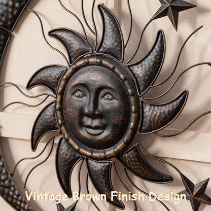TICKCACY 27” Metal Sun Wall Decor, Vintage Sun Moon Stars Wall Hanging Decoration, Moon and Stars Wall Art Sculpture for Indoor Outdoor Living Room Bedroom Garden Yard Patio Fence