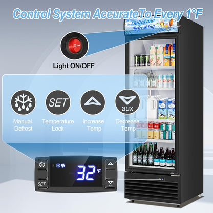 Tylza Commercial Refrigerator with Glass Door Display Beverage Fridge, 11.15 Cu Ft Upright Beverage Cooler Merchandiser with Replaceable Advertising Light Board, Rebound Door, Fast Cooling, Black