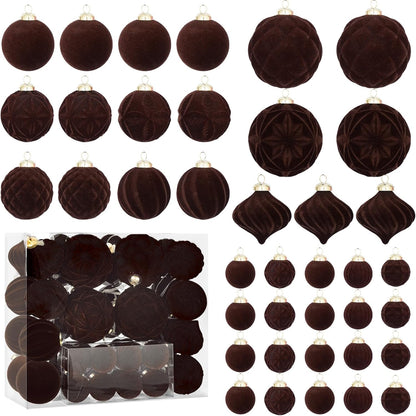 46PCS Velvet Christmas Ball Ornaments Set, Flocked Shatterproof Xmas Tree Decor, Assorted Hanging Ornaments with Loop for Holiday Home Decor, Christmas Tree, Mantel, Party Decoration (Brown)