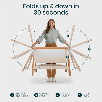 CoZee® 2-in-1 Baby Bassinet & Bedside Sleeper - Fast-Folding Bedside Bassinet, Baby Crib with 6 Mattress Heights & Breathable Mesh Window, Mattress Included, 0-6 Months (Walnut & Ecru)