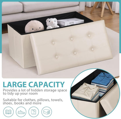 SUPER DEAL Folding Storage Ottoman Bench, 30 Inches Footrest Storage Bin with Padded Seat, Entryway Shoe Bench for Living Room Bedroom, 30"x15"x15", Faux Leather, Beige