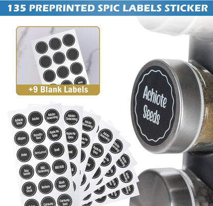 Black Countertop Revolving Spice Rack, Empty 20-Jars Rotating Spice Rack Organizer, Round Carousel Tower, 135 Spice Labels with Funnel Complete Set, for Kitchen Countertop, Cabinet